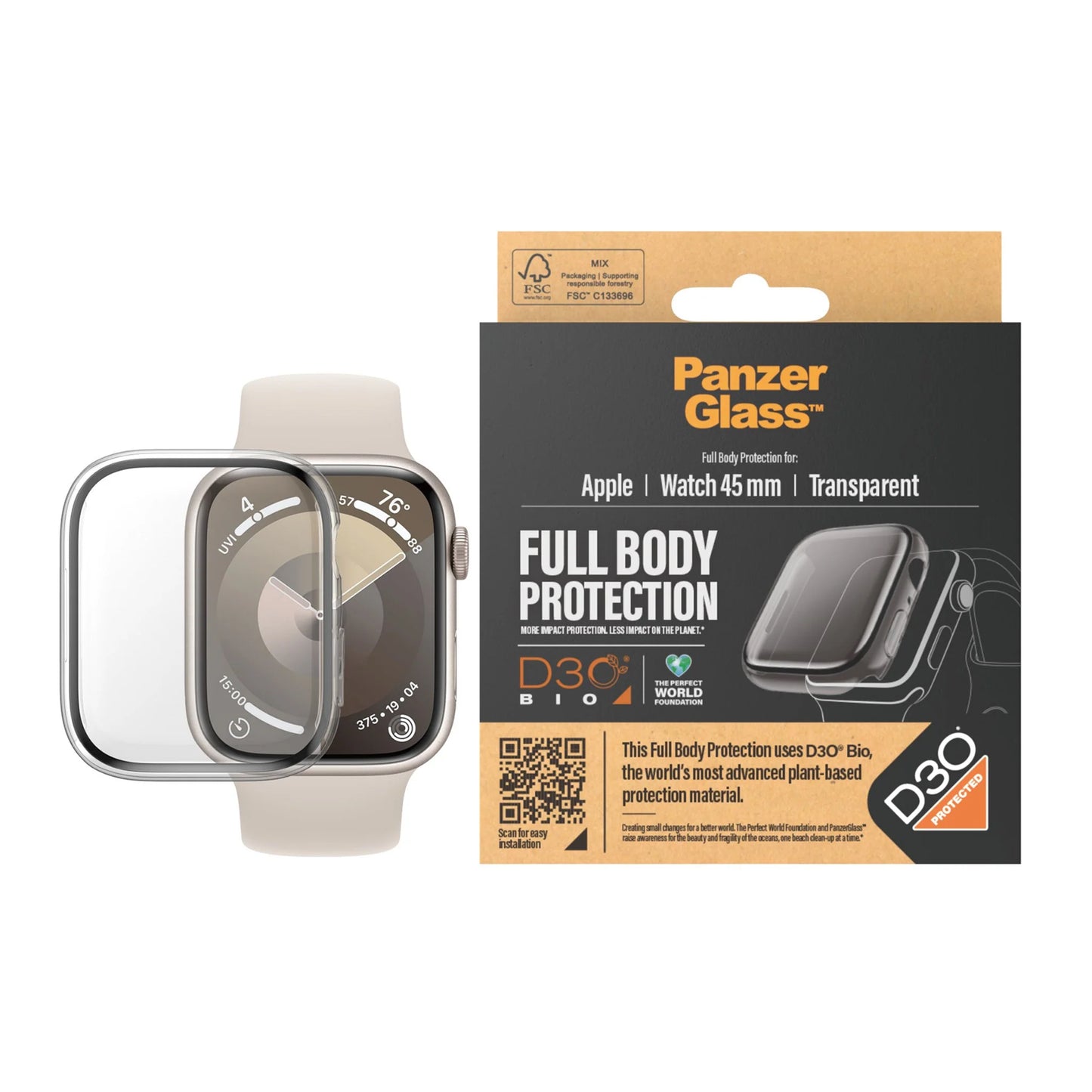 PanzerGlass Screen Protector Full Body Apple Watch Series 9 con D3O 45mm Transparente