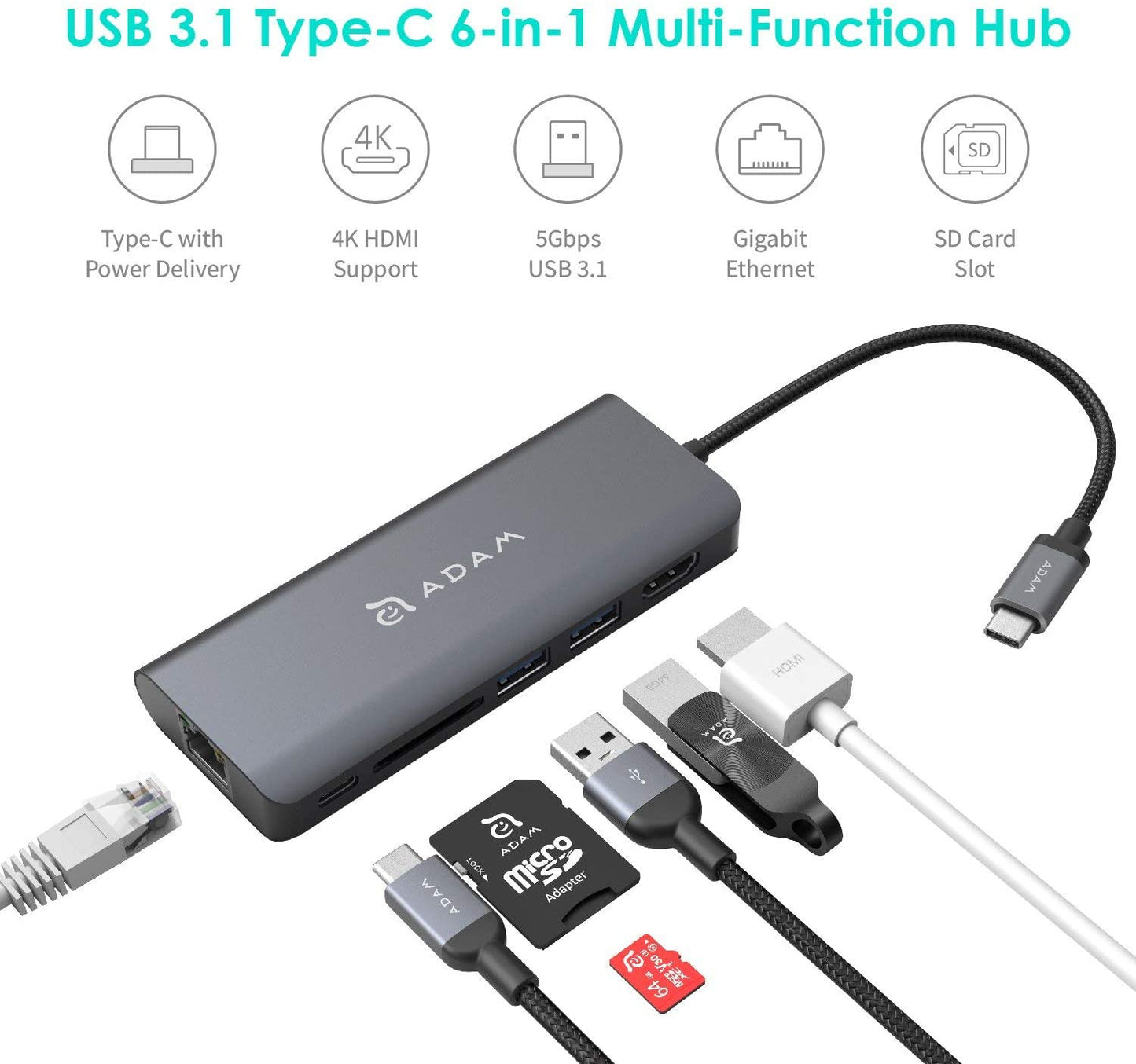 Adam Elements Adaptador USB-C  6 en 1 Casa A01