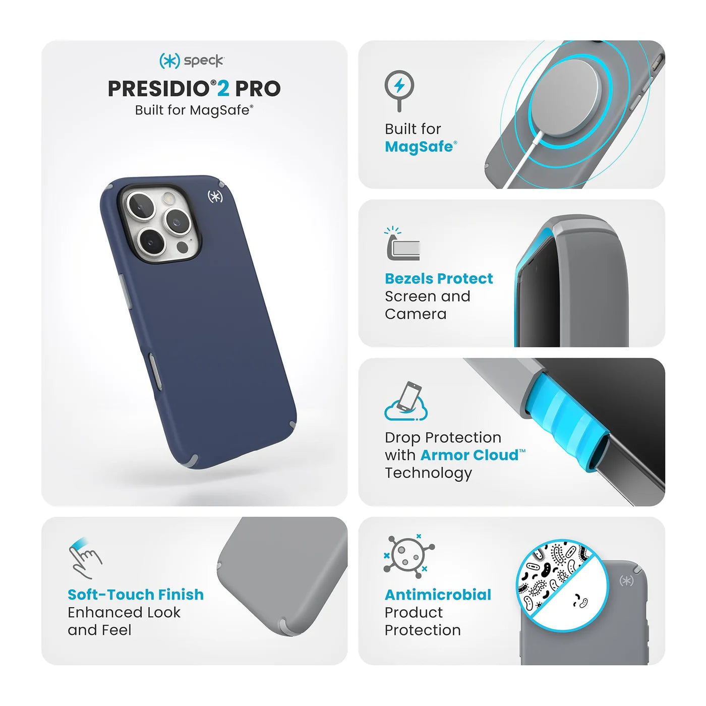 Speck Presidio2 Case con Magsafe para iPhone 16 Pro Azul