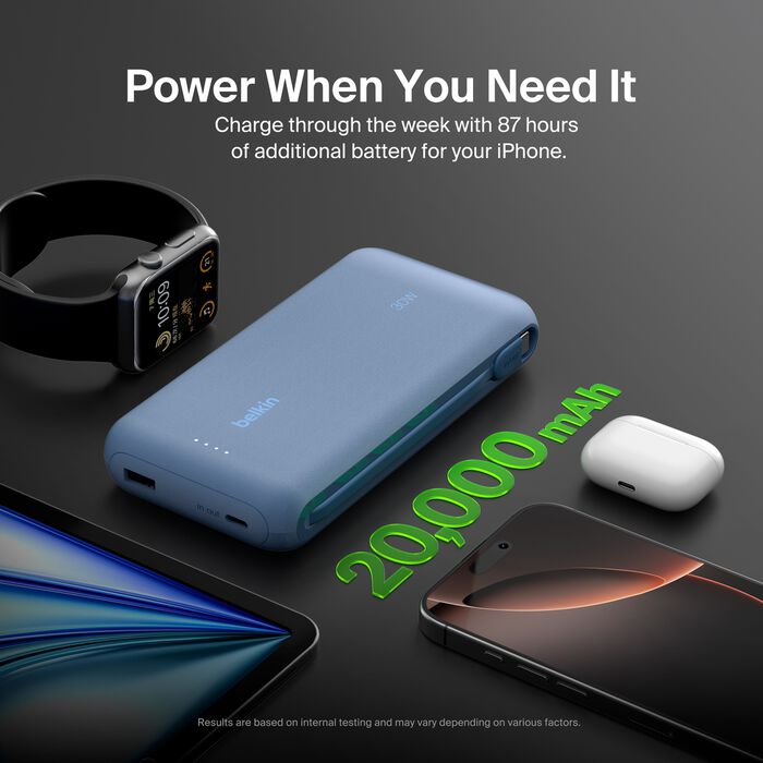 Belkin 20K Power Bank with 30WPD + Integrated USB-C Cable, Blue