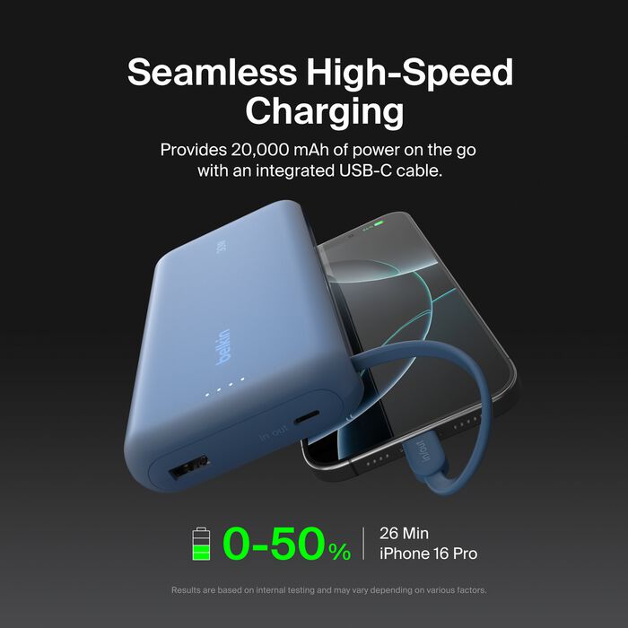 Belkin 20K Power Bank with 30WPD + Integrated USB-C Cable, Blue