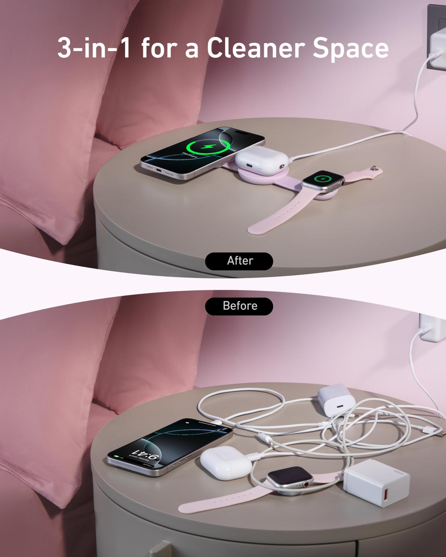 Anker MagGo Wireless Charging Station 3-in-1 Foldable Pad Rosado