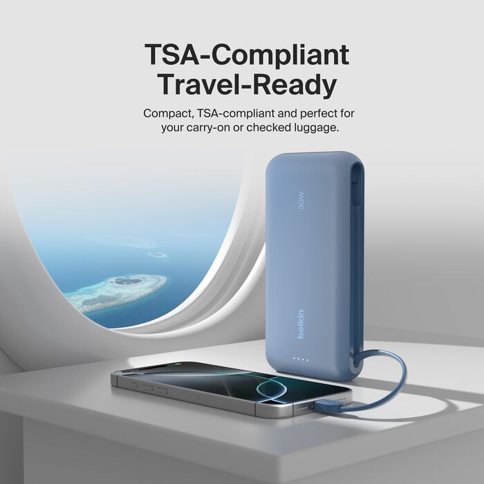 Belkin 20K Power Bank with 30WPD + Integrated USB-C Cable, Blue
