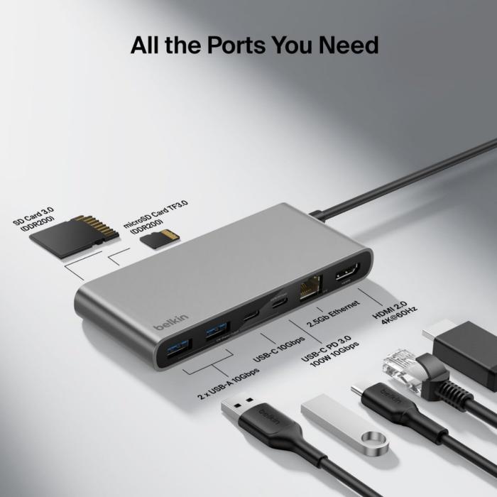 Belkin USB-C 8-in-1 Hub / 2 USB-A 10Gbps / USB-C 10Gbps / USB-C PD 3.0 100W 10Gbps/ HDMI 2.0 4K@60Hz