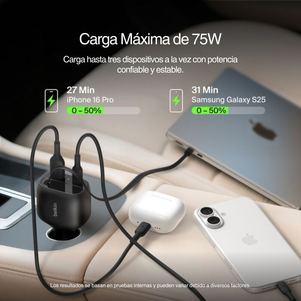 Belkin 75W Car Charger Cable USB-C 60W - USB-C 30W - USB-A 12W
