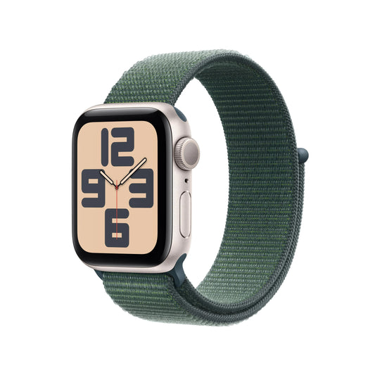 Apple Watch SE GPS • Caja de aluminio blanco estelar de 44 mm • Correa loop deportiva verde lago