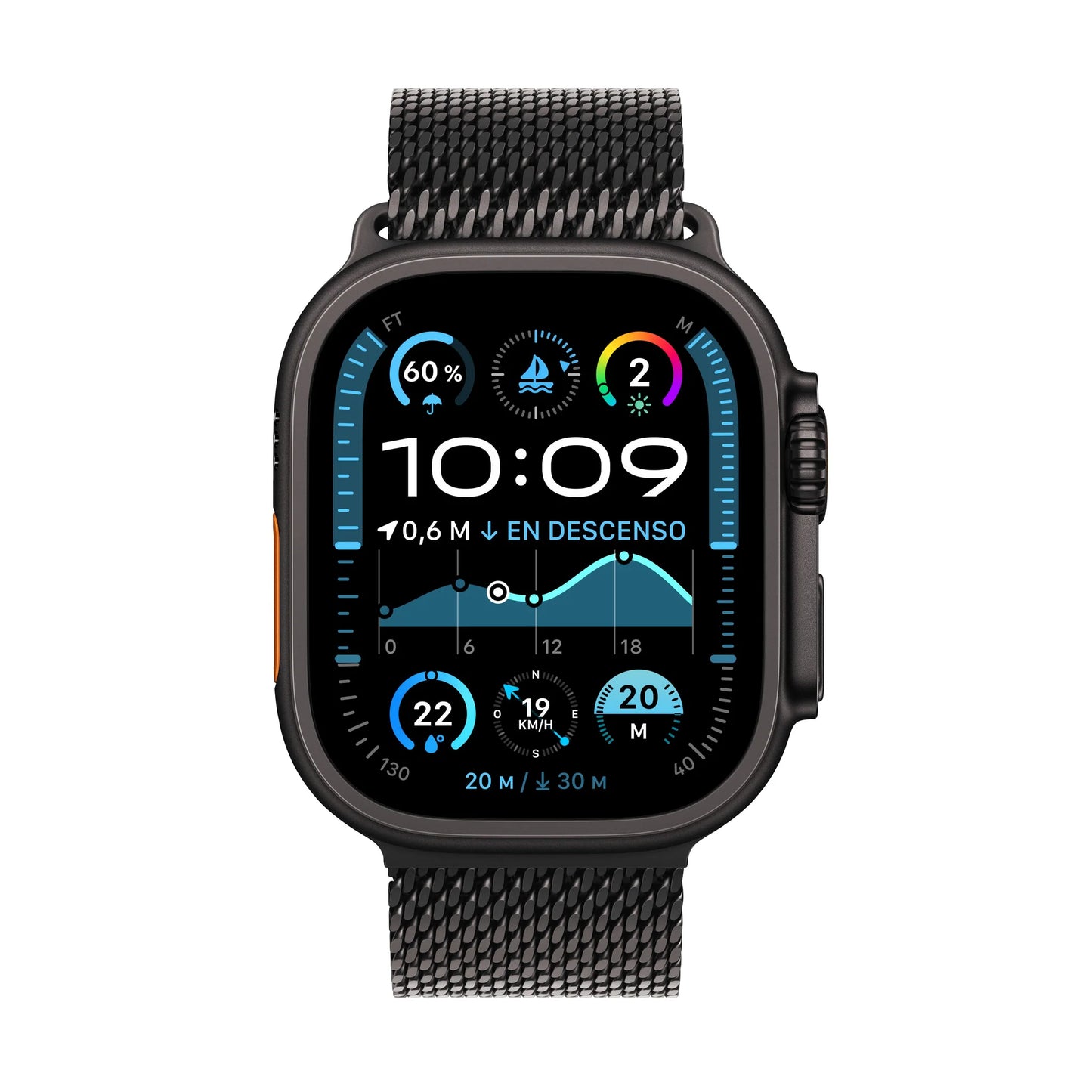 Apple Watch Ultra 2 GPS + Cellular • Caja de titanio negro de 49 mm • Correa estilo milanés de titanio negro - Mediana