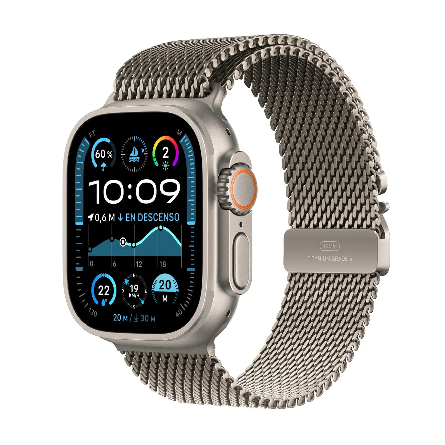 Apple Watch Ultra 2 GPS + Cellular • Caja de titanio natural de 49 mm • Correa estilo milanés de titanio natural - Mediana