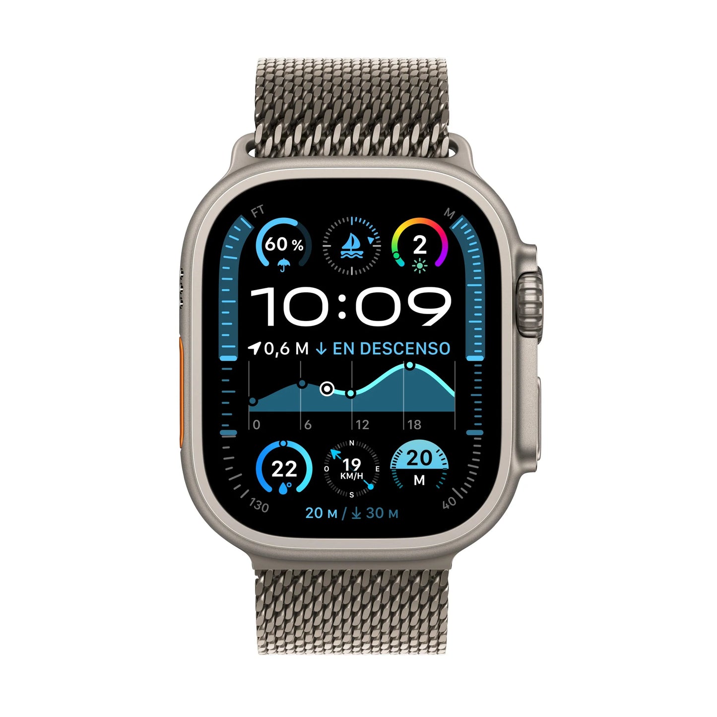 Apple Watch Ultra 2 GPS + Cellular • Caja de titanio natural de 49 mm • Correa estilo milanés de titanio natural - Mediana