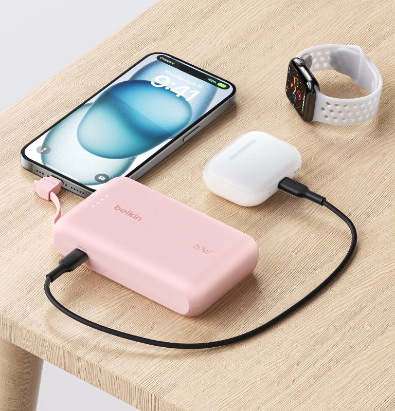 Belkin 10K Power Bank with 20W PD + Integrated USB-C Cable, Pink