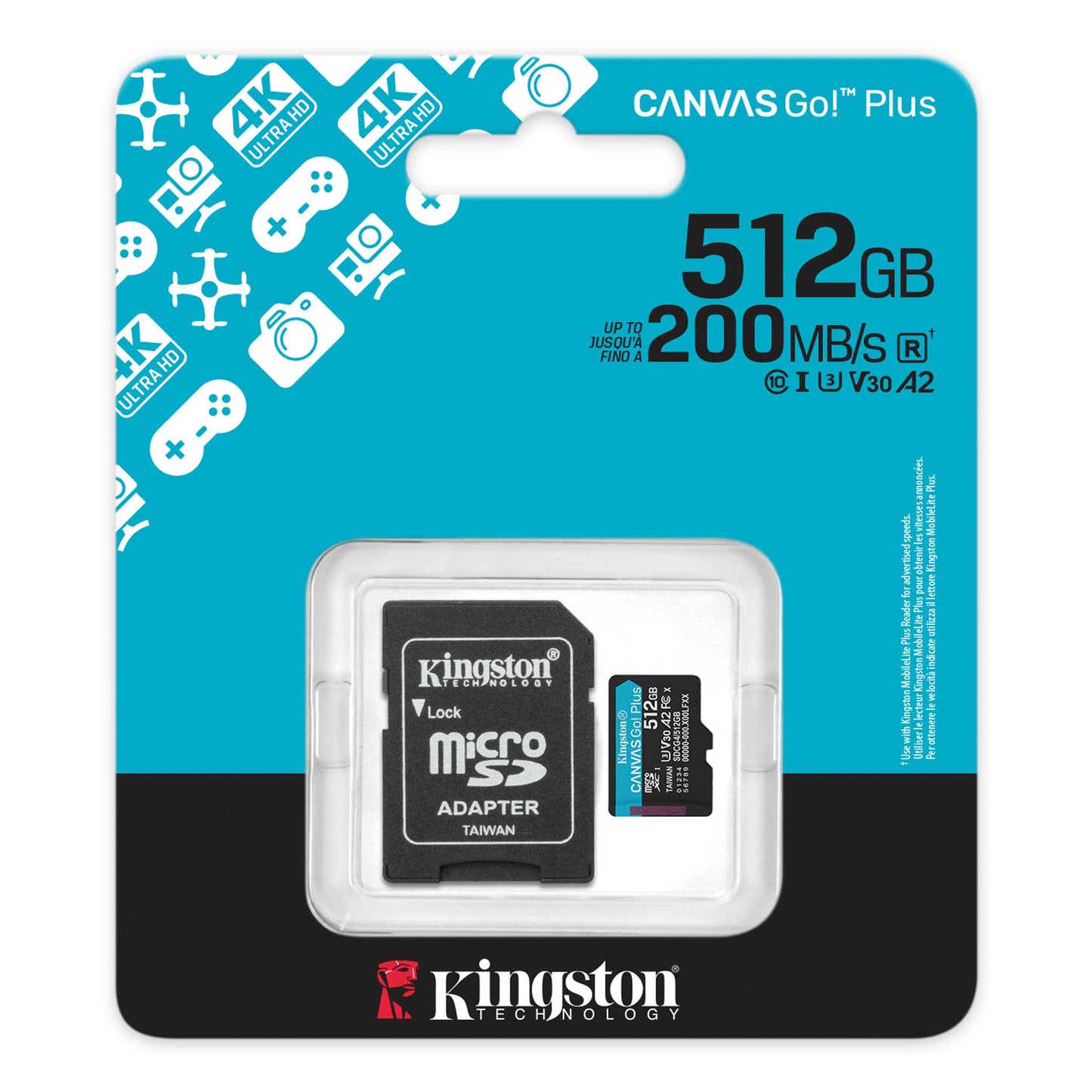 Kingston microSDXC Canvas Go Plus Gen4 200MB/s A2 U3 V30 Card + ADP 512GB SDCG4/512GB