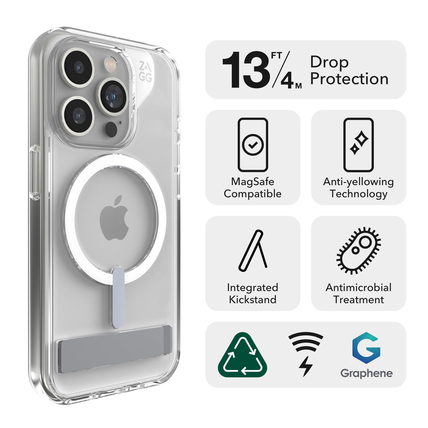 ZAGG Cases Crystal Palace iPhone 15 Pro Snap Clear con soporte