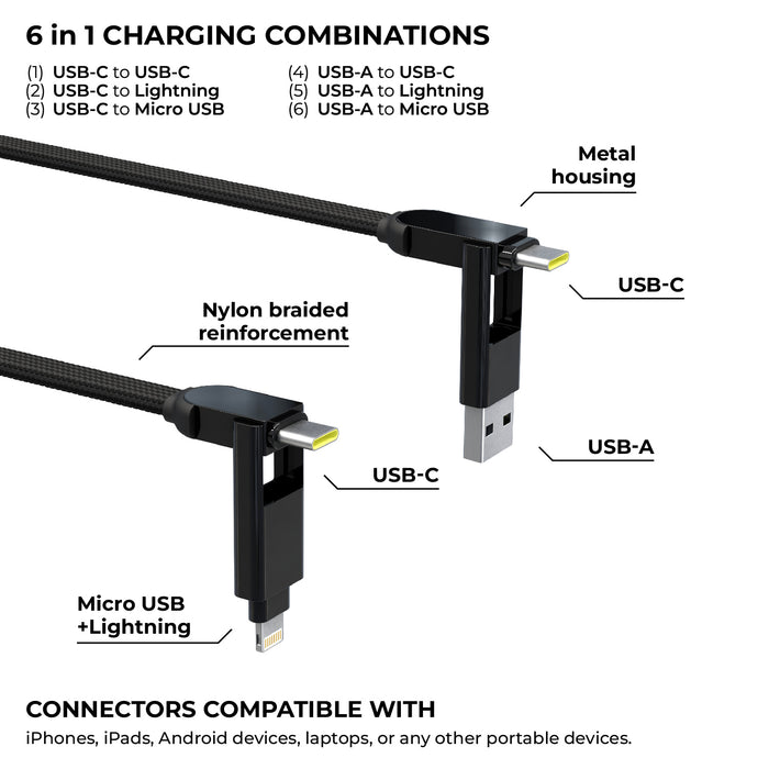 inCharge® XL 2m / 6.6ft - 100W, cable súper largo de 6 en 1