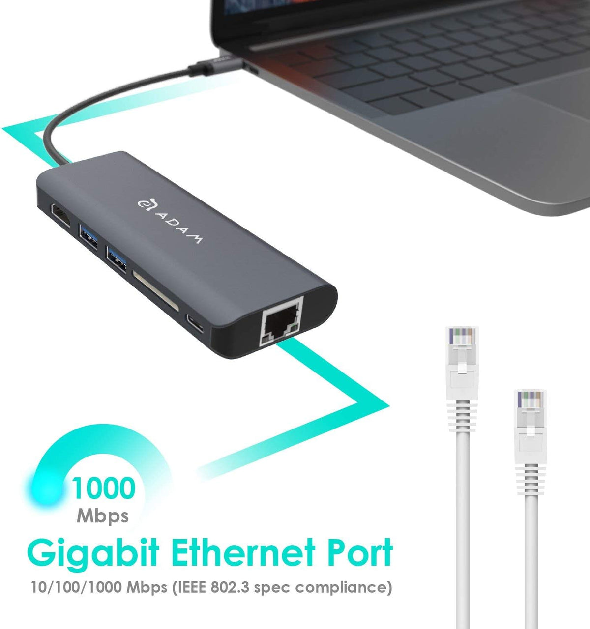 Adam Elements 6-in-1 Type C Hub - Ethernet, 2 USB Ports, HDMI, SD Card Reader