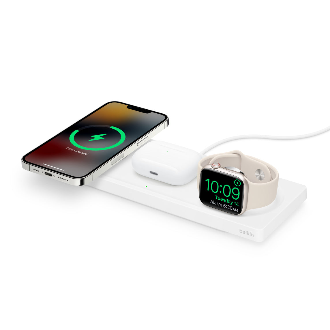 Belkin Cargador inalámbrico MagSafe 3 en 1, carga rápida para iPhone de 15  W, Apple Watch, estación de carga AirPods y soporte de carga magnético para
