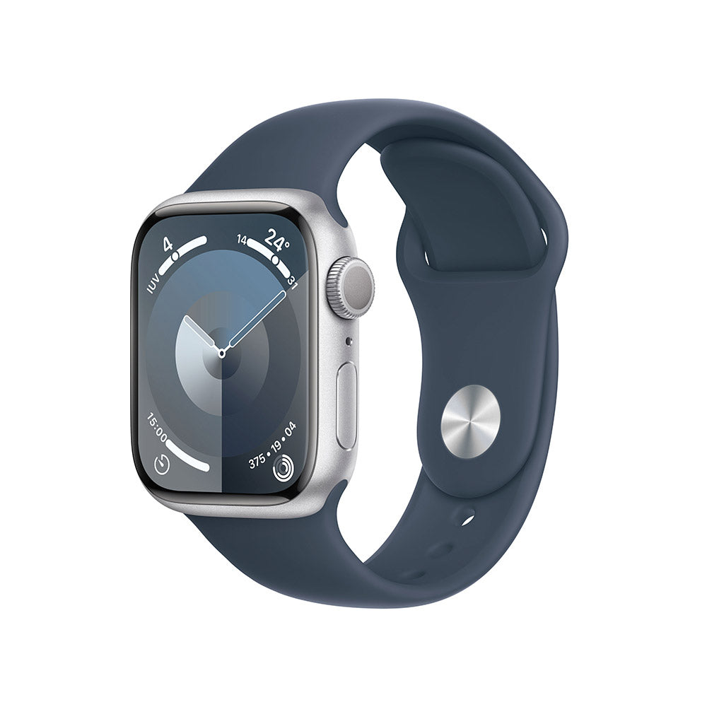 Apple Watch Series 9 Silver Aluminium Case with Storm Blue Sport Band