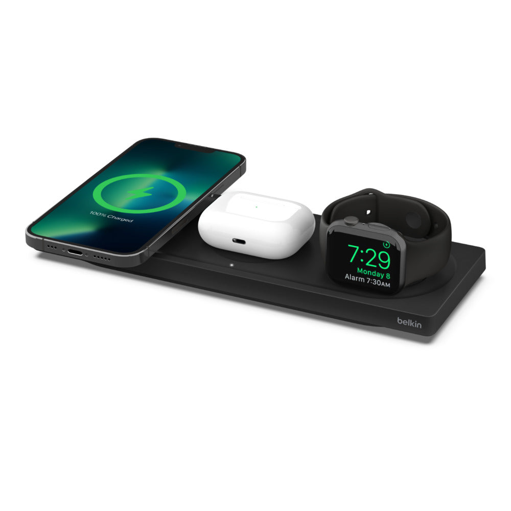 Belkin Cargador inalámbrico MagSafe 3 en 1, carga rápida para iPhone de 15  W, carga rápida para Apple Watch, estación de carga AirPods y soporte de